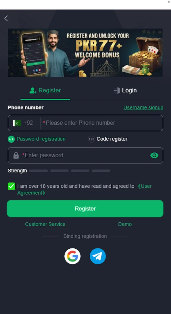 Y77 Game registration page showing the account sign-up form.